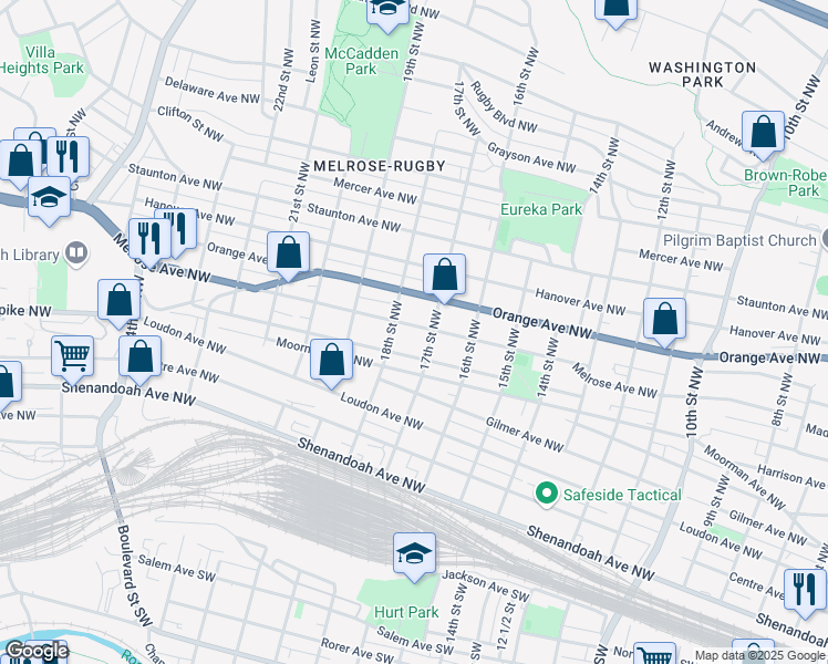 map of restaurants, bars, coffee shops, grocery stores, and more near 1714 Melrose Avenue Northwest in Roanoke
