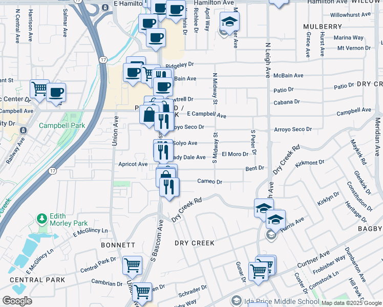 map of restaurants, bars, coffee shops, grocery stores, and more near 1139 Shady Dale Avenue in Campbell