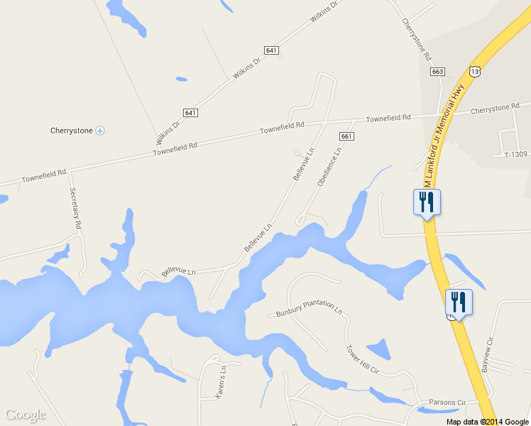 map of restaurants, bars, coffee shops, grocery stores, and more near 21438 Bellevue Lane in Cape Charles