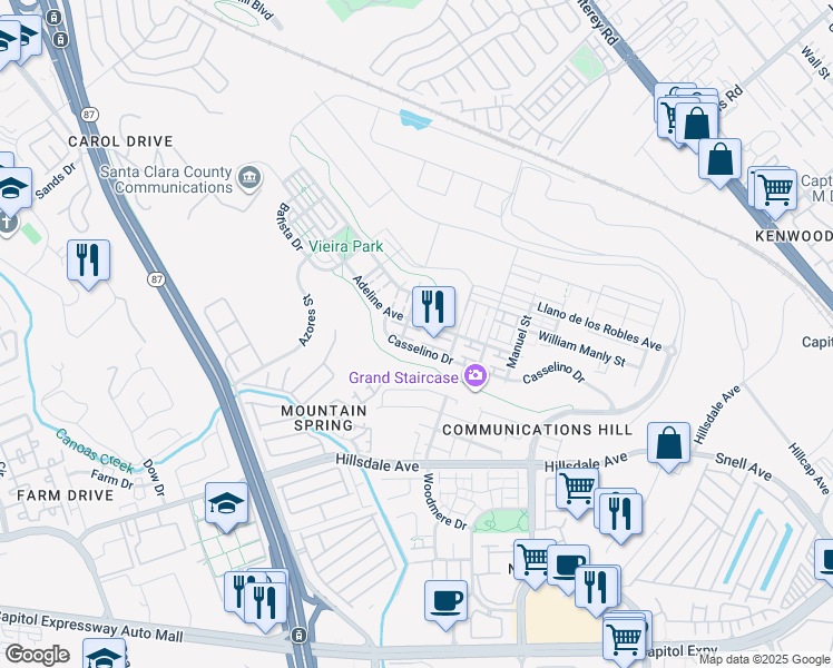 map of restaurants, bars, coffee shops, grocery stores, and more near 3132 Saint Florian Way in San Jose