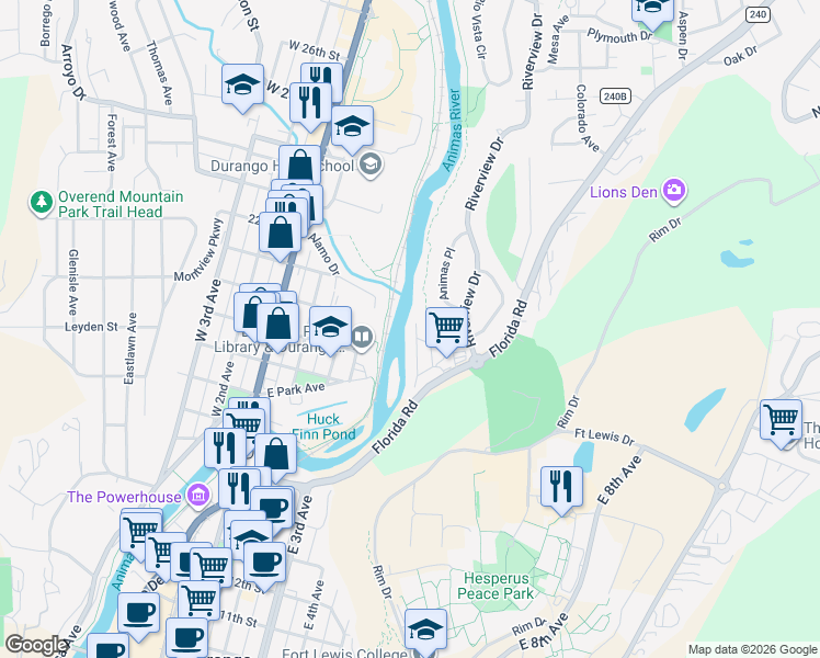 map of restaurants, bars, coffee shops, grocery stores, and more near 485 Florida Road in Durango