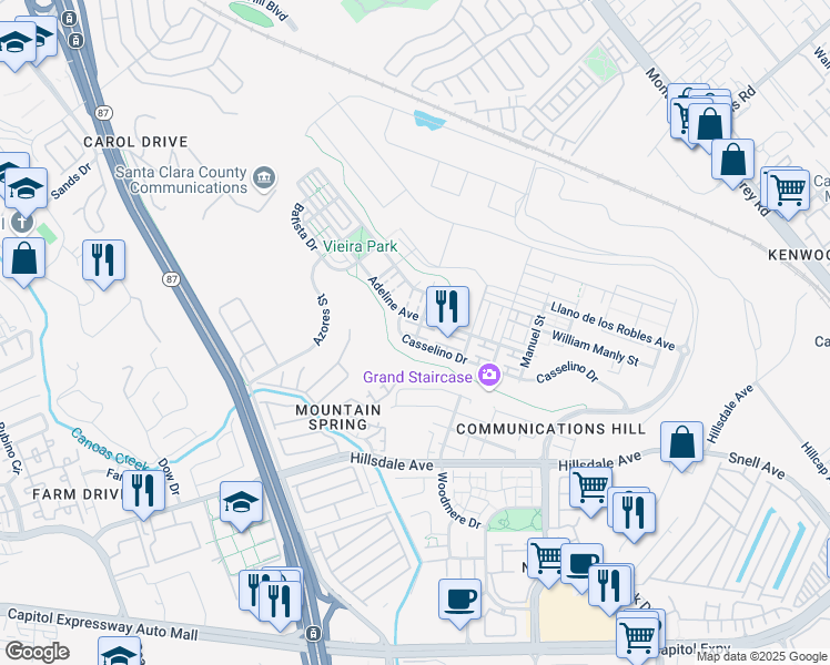 map of restaurants, bars, coffee shops, grocery stores, and more near 521 Casselino Drive in San Jose
