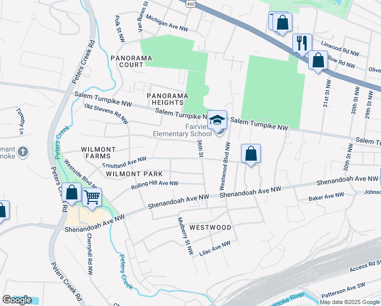 map of restaurants, bars, coffee shops, grocery stores, and more near 3617 Troutland Avenue Northwest in Roanoke