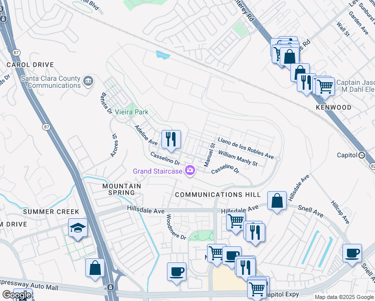 map of restaurants, bars, coffee shops, grocery stores, and more near 3096 Empoli Lane in San Jose