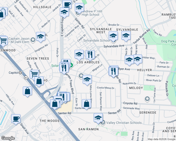 map of restaurants, bars, coffee shops, grocery stores, and more near 362 Nerdy Avenue in San Jose