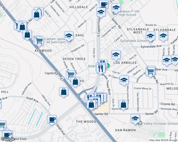 map of restaurants, bars, coffee shops, grocery stores, and more near 139 Rancho Drive in San Jose