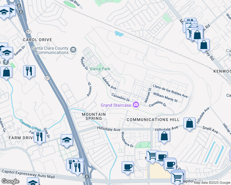 map of restaurants, bars, coffee shops, grocery stores, and more near 521 Casselino Drive in San Jose