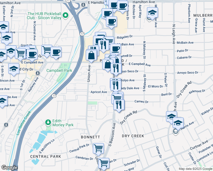 map of restaurants, bars, coffee shops, grocery stores, and more near 907 Apricot Avenue in Campbell