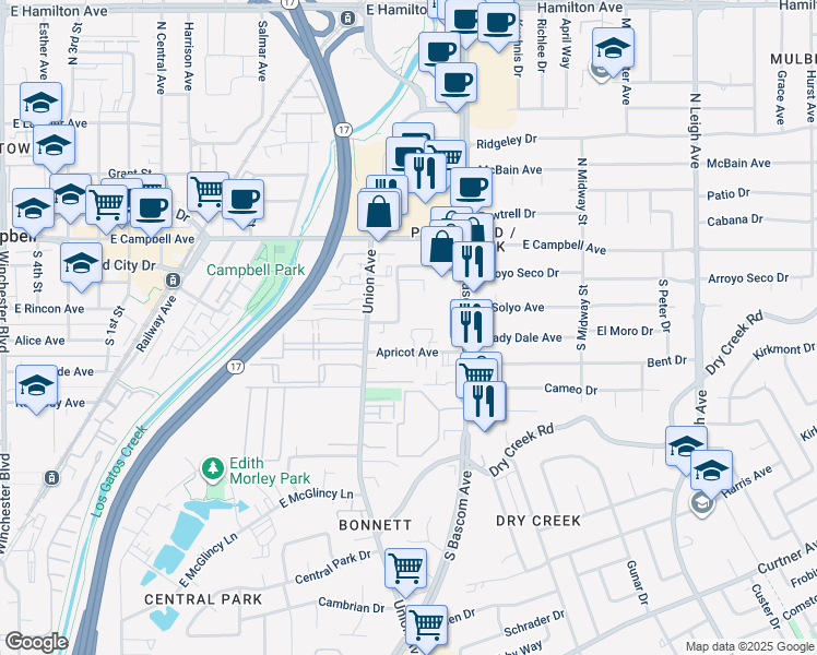 map of restaurants, bars, coffee shops, grocery stores, and more near 907 Apricot Avenue in Campbell