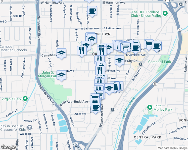 map of restaurants, bars, coffee shops, grocery stores, and more near 89 Cherry Lane in Campbell