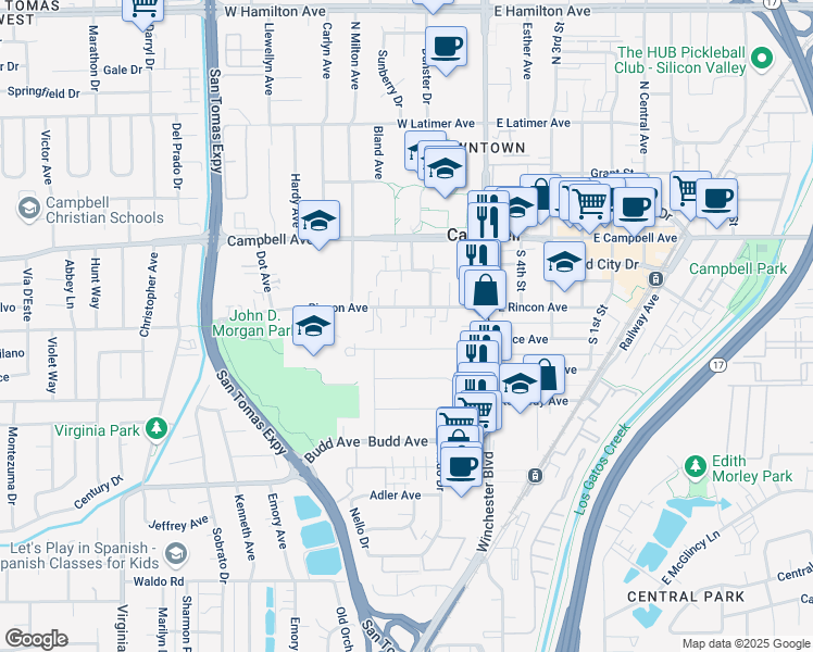 map of restaurants, bars, coffee shops, grocery stores, and more near 170 West Rincon Avenue in Campbell