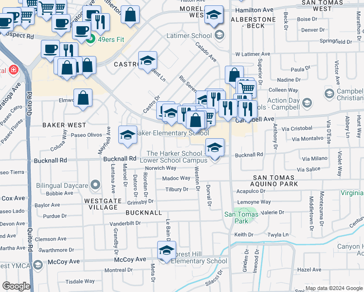 map of restaurants, bars, coffee shops, grocery stores, and more near 127 Winslow Court in Campbell