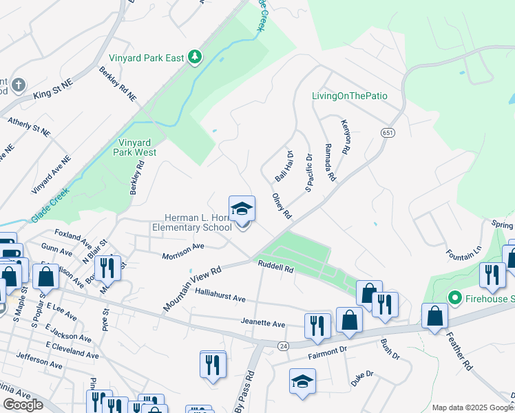 map of restaurants, bars, coffee shops, grocery stores, and more near 906 Gates Lane in Vinton