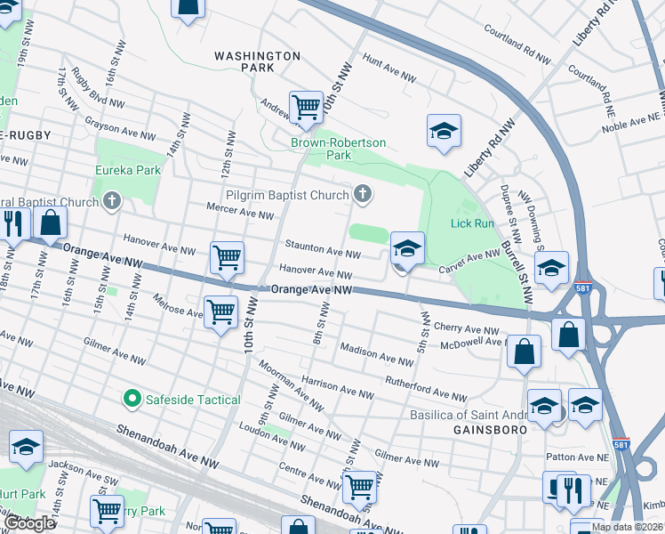 map of restaurants, bars, coffee shops, grocery stores, and more near 723 Hanover Avenue Northwest in Roanoke
