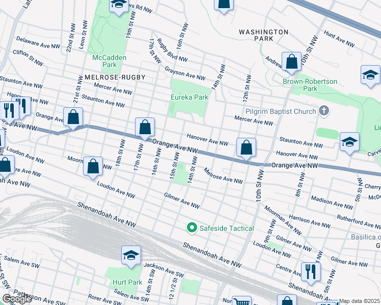 map of restaurants, bars, coffee shops, grocery stores, and more near 1412 Orange Avenue Northwest in Roanoke