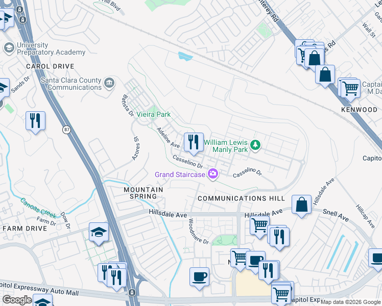 map of restaurants, bars, coffee shops, grocery stores, and more near 468 Adeline Avenue in San Jose