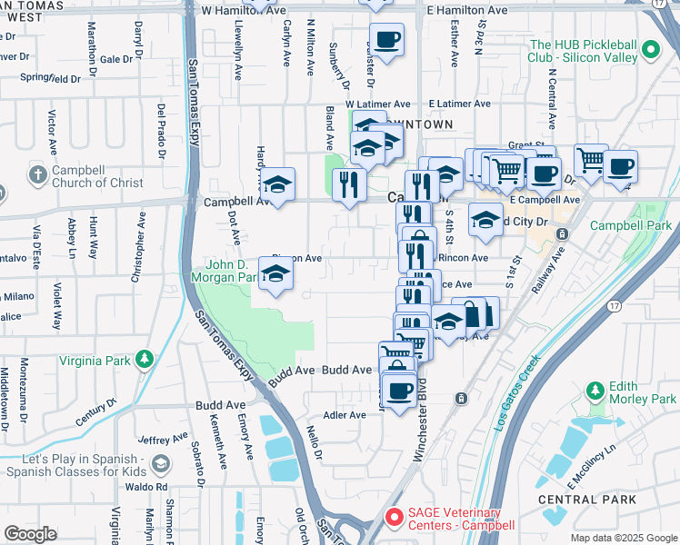map of restaurants, bars, coffee shops, grocery stores, and more near 216 West Rincon Avenue in Campbell