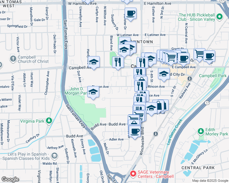 map of restaurants, bars, coffee shops, grocery stores, and more near 216 West Rincon Avenue in Campbell