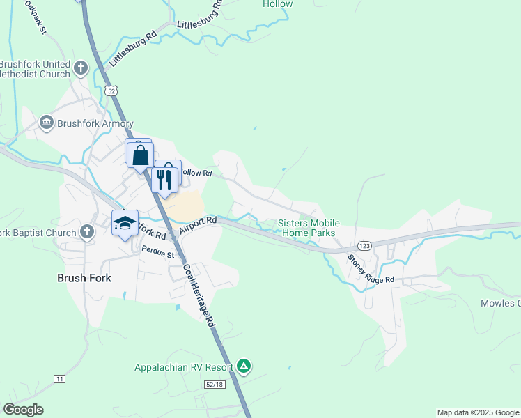 map of restaurants, bars, coffee shops, grocery stores, and more near 225 Covemont Loop in Bluefield