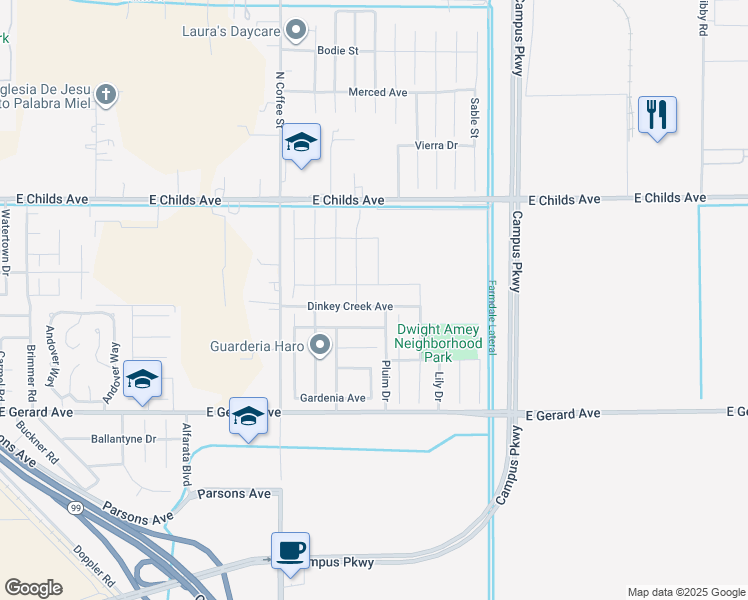 map of restaurants, bars, coffee shops, grocery stores, and more near 305 Daisy Court in Merced