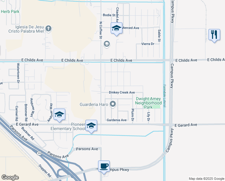 map of restaurants, bars, coffee shops, grocery stores, and more near 3121 Dinkey Creek Avenue in Merced