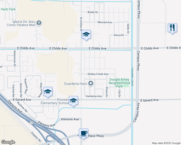 map of restaurants, bars, coffee shops, grocery stores, and more near 3121 Dinkey Creek Avenue in Merced