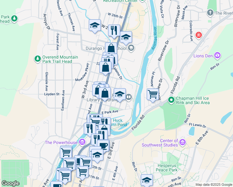 map of restaurants, bars, coffee shops, grocery stores, and more near 201 East 19th Street in Durango