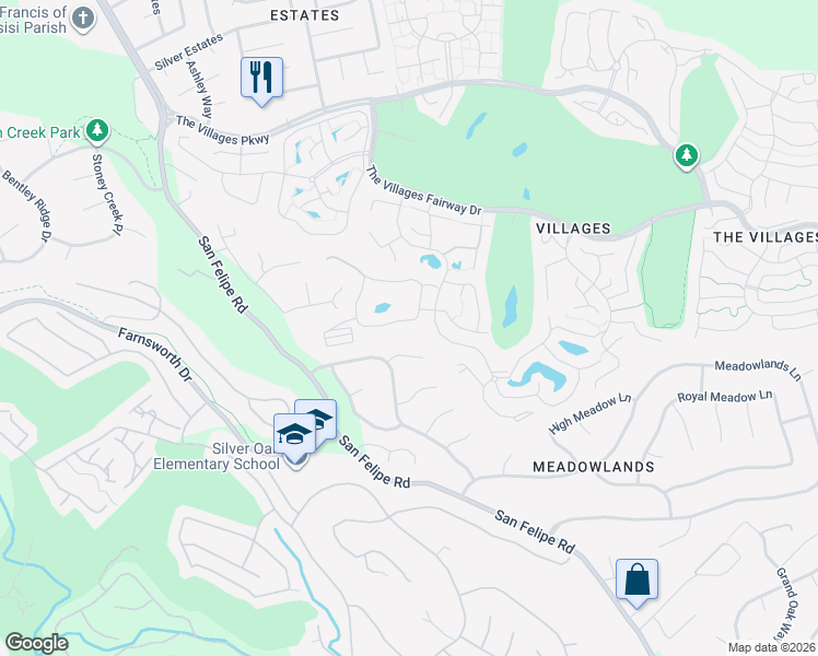 map of restaurants, bars, coffee shops, grocery stores, and more near 2701 Scenic Meadow Court in San Jose