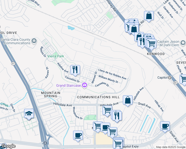 map of restaurants, bars, coffee shops, grocery stores, and more near 3078 Lina Loop in San Jose