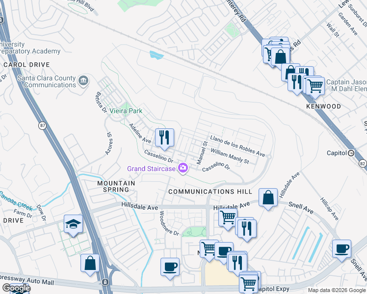 map of restaurants, bars, coffee shops, grocery stores, and more near 388 Adeline Avenue in San Jose