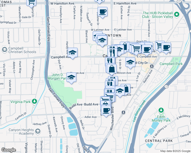 map of restaurants, bars, coffee shops, grocery stores, and more near 170 West Rincon Avenue in Campbell