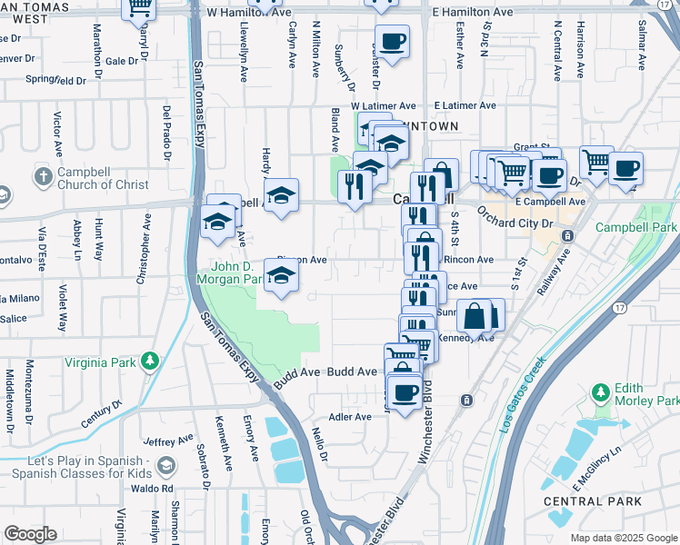 map of restaurants, bars, coffee shops, grocery stores, and more near 266 West Rincon Avenue in Campbell