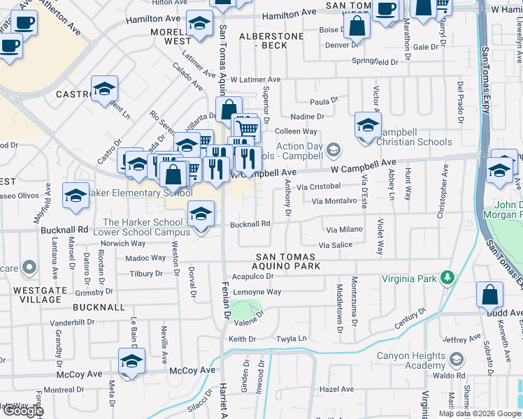 map of restaurants, bars, coffee shops, grocery stores, and more near 2081 Orestes Way in Campbell