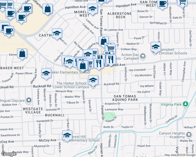 map of restaurants, bars, coffee shops, grocery stores, and more near 136 English Rose Circle in Campbell