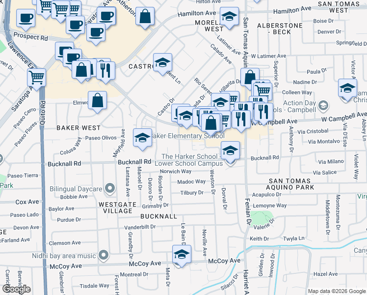 map of restaurants, bars, coffee shops, grocery stores, and more near 127 Winslow Court in Campbell