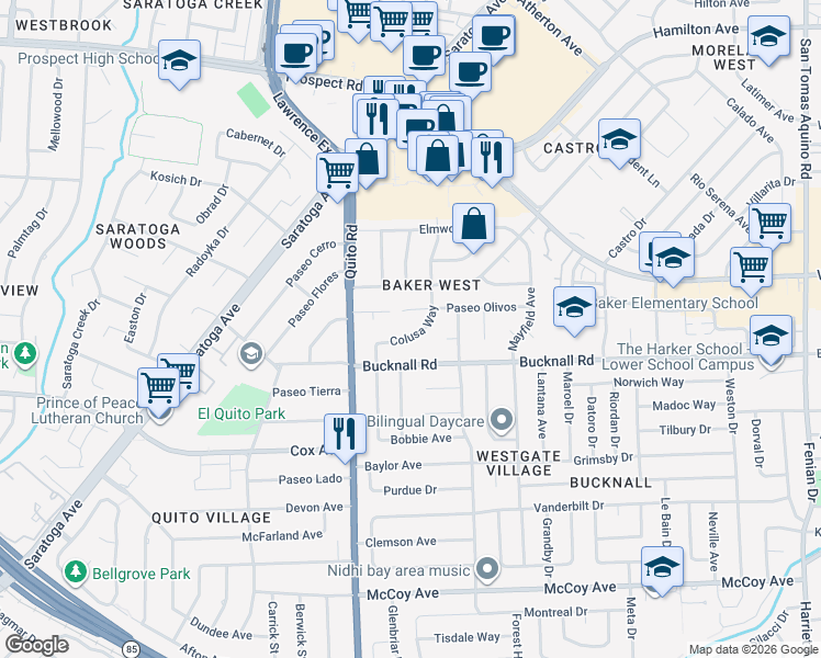 map of restaurants, bars, coffee shops, grocery stores, and more near 2054 Colusa Way in San Jose