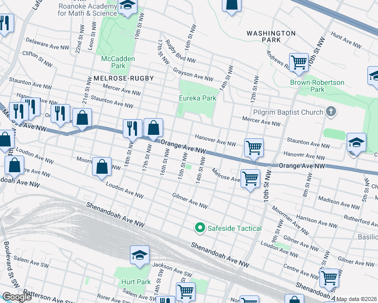 map of restaurants, bars, coffee shops, grocery stores, and more near 1500 Orange Avenue Northwest in Roanoke