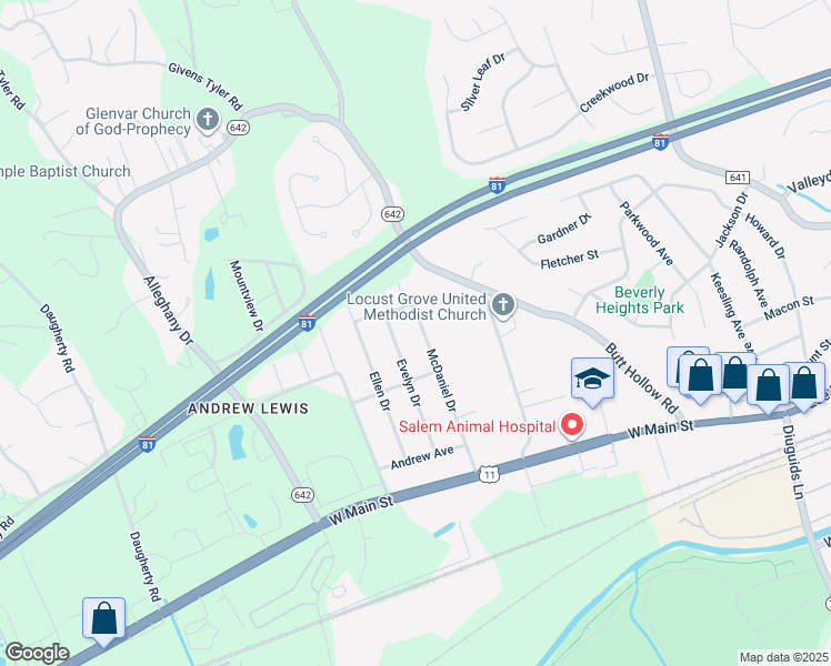 map of restaurants, bars, coffee shops, grocery stores, and more near 3623-3629 Evelyn Drive in Salem
