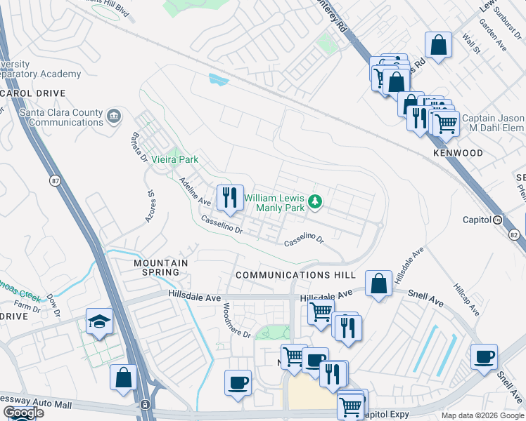 map of restaurants, bars, coffee shops, grocery stores, and more near 3091 Lina Street in San Jose