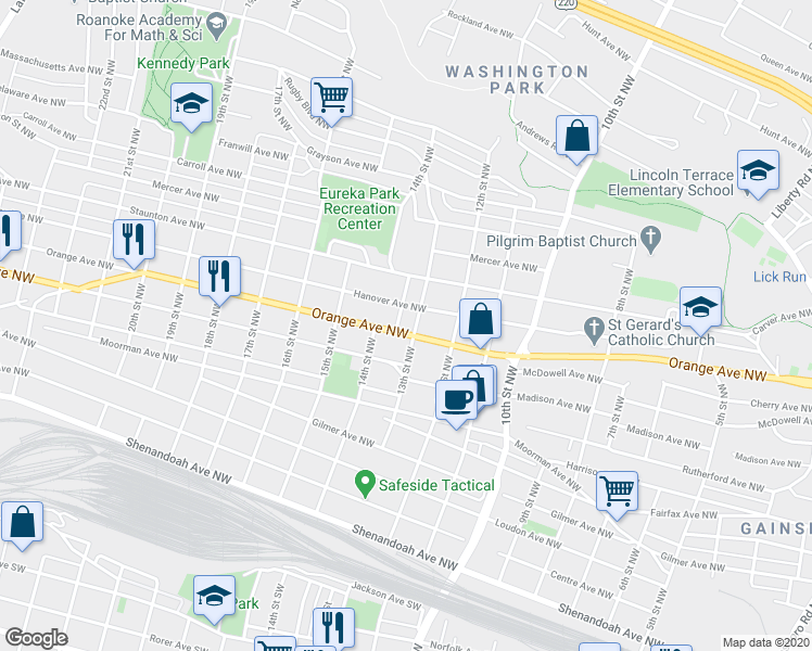 map of restaurants, bars, coffee shops, grocery stores, and more near 1307 Orange Avenue Northwest in Roanoke