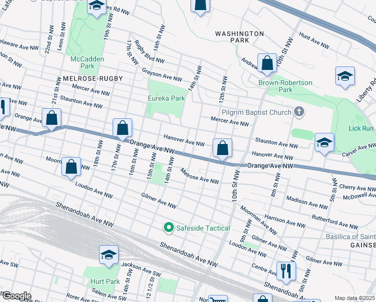 map of restaurants, bars, coffee shops, grocery stores, and more near 1307 Orange Avenue Northwest in Roanoke