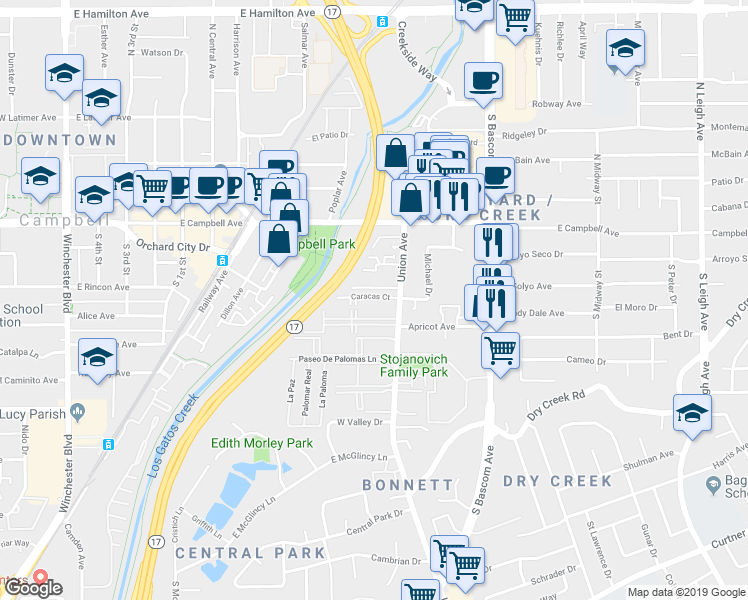 map of restaurants, bars, coffee shops, grocery stores, and more near 185 Union Avenue in Campbell