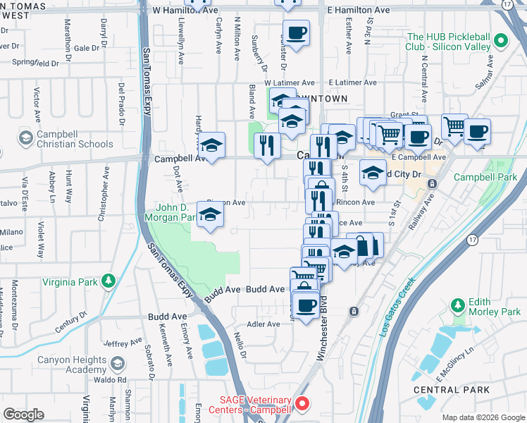 map of restaurants, bars, coffee shops, grocery stores, and more near 200 West Rincon Avenue in Campbell