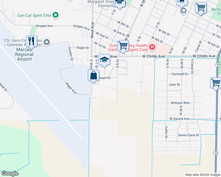 map of restaurants, bars, coffee shops, grocery stores, and more near 1130 Stuart Dr in Merced