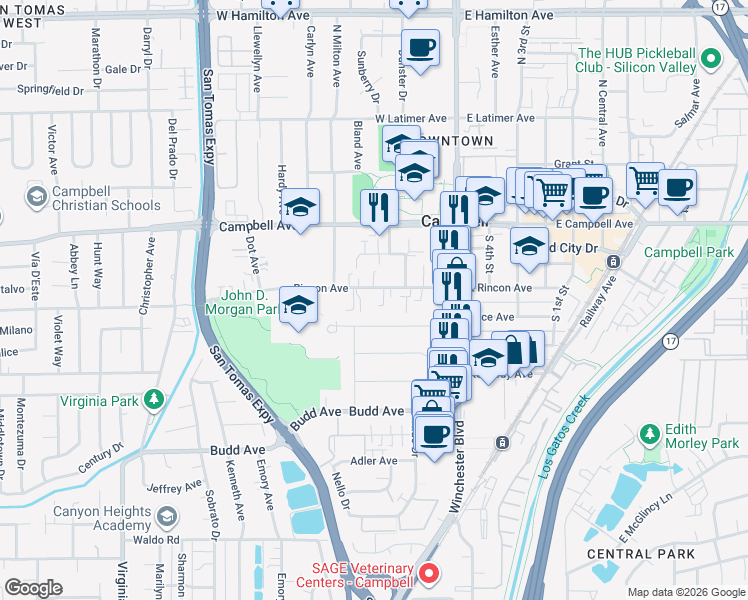 map of restaurants, bars, coffee shops, grocery stores, and more near 200 West Rincon Avenue in Campbell