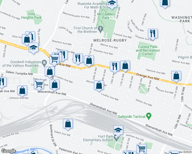 map of restaurants, bars, coffee shops, grocery stores, and more near 509 20th Street Northwest in Roanoke