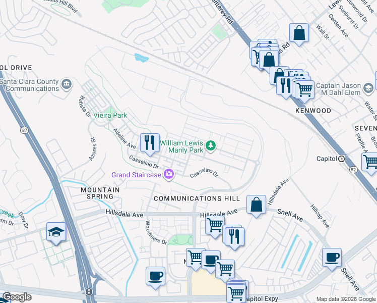 map of restaurants, bars, coffee shops, grocery stores, and more near 3078 Lina Loop in San Jose