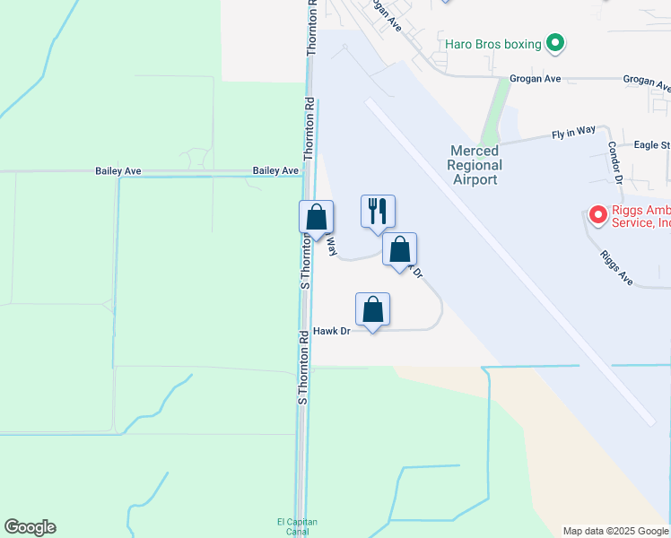 map of restaurants, bars, coffee shops, grocery stores, and more near 127 Heron Way in Merced