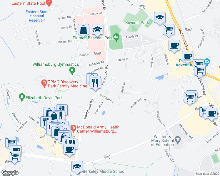 map of restaurants, bars, coffee shops, grocery stores, and more near 107 Magazine Road in Williamsburg