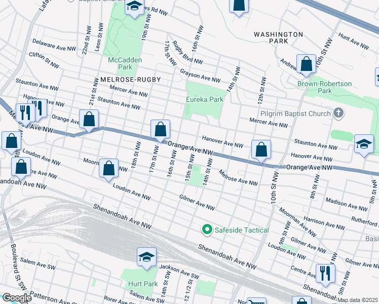 map of restaurants, bars, coffee shops, grocery stores, and more near 1506 Orange Avenue Northwest in Roanoke